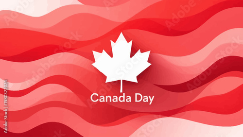 Modern Canada Day background featuring red wave design, maple leaf symbol, and Happy Canada Day text. Clean minimal layout ideal for greeting cards and banners