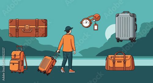 Man standing with various luggage pieces.