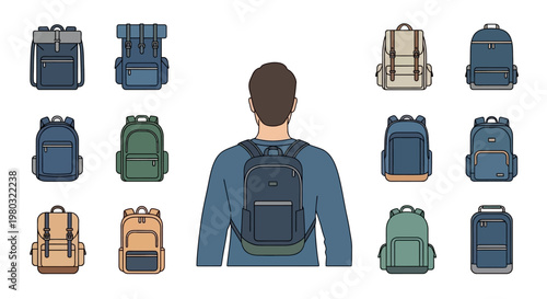 Man wearing blue backpack standing.