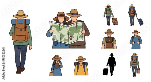 People walking with luggage and hats.