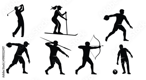 A collection of black silhouettes depicting various athletic activities and summer sports in action