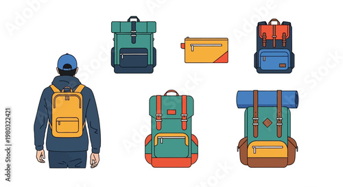 Variety of colorful hiking backpacks displayed.