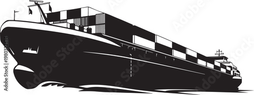Cargo ship, container vessel, freight boat, black and white vector