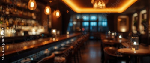 Upscale hotel bar interior with ambient cool bokeh lighting and soft blurred background for design