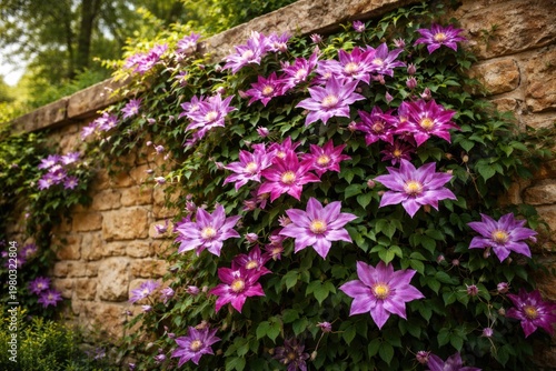 Robust clematis climbing plant blooming vibrantly on garden wall