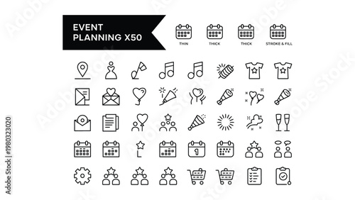 Collection of flat design simple line icons representing event planning concepts and celebrations