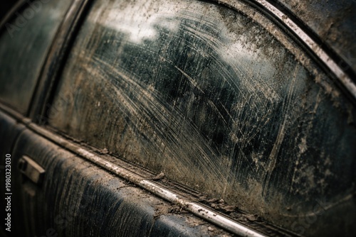 Close-up view of a neglected car window layered with smeared dust and grime showing prolonged wear