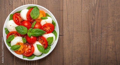 Top view of fresh Caprese salad with mozzarella basil and tomato slices on rustic wood grain backdrop including empty copy space