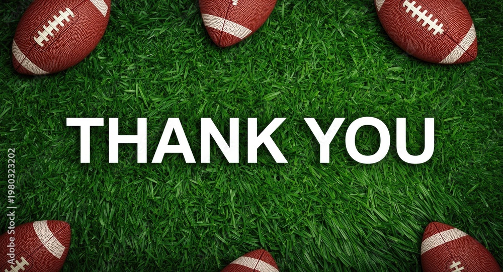 Obraz premium Thank you text located on a lively green turf including footballs