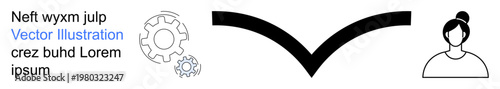 Workflow, technology, direction, organization, progress, teamwork. A gear icon, downward arrow and female profile avatar displayed together. Workflow and technology concepts