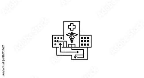 Hospital Building with Medical Caduceus and Arrows Showing Workflow