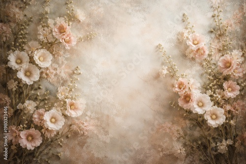 Artistic textured wall backdrop featuring delicate Alcea flowers in gentle tones highlighting botanical elegance