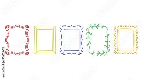 Collection of five handdrawn decorative frames with different colorful designs isolated on transparent background