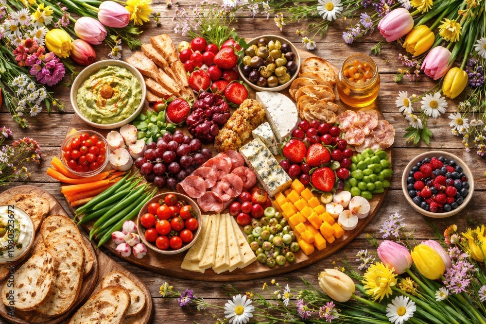 Naklejka premium Spring themed charcuterie table with cheese meat fruit and vegetables on wooden backdrop from above