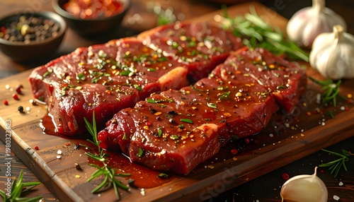 Four premium raw beef steaks, richly marinated with fresh aromatic herbs and vibrant spices, meticulously presented on a rustic wooden cutting board, ready for cooking