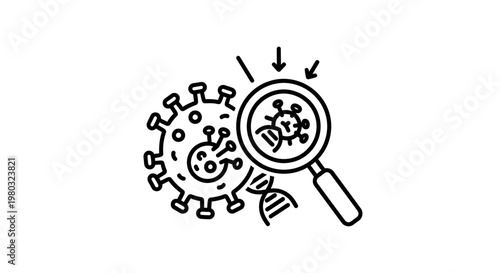 Microscopic view of virus and DNA, research and analysis with magnifying glass