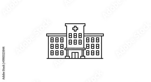 Minimalist Line Art Icon of a Hospital Building with a Cross Symbol