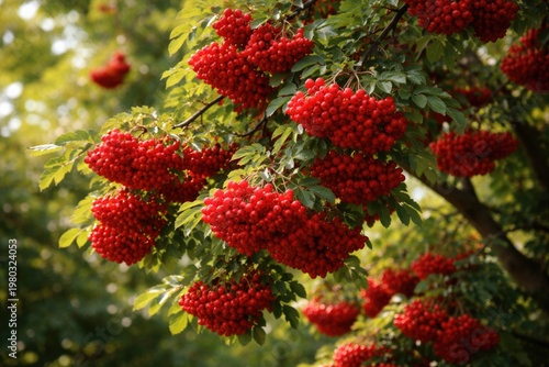 A vibrant tree covered in clusters of ripe red berries in natural light