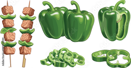Green bell pepper with slices and kebab skewers fresh capsicum vegetable food ingredients detailed vector illustration set