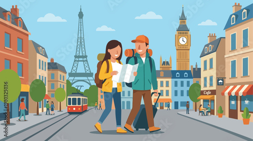 This dynamic flat design illustration depicts a traveling couple enthusiastically navigating a European city, surrounded by famous landmarks. It represents urban exploration and cultural discovery.