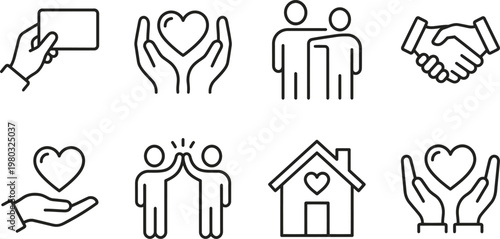 Set of charity and care icons, vector line illustration
