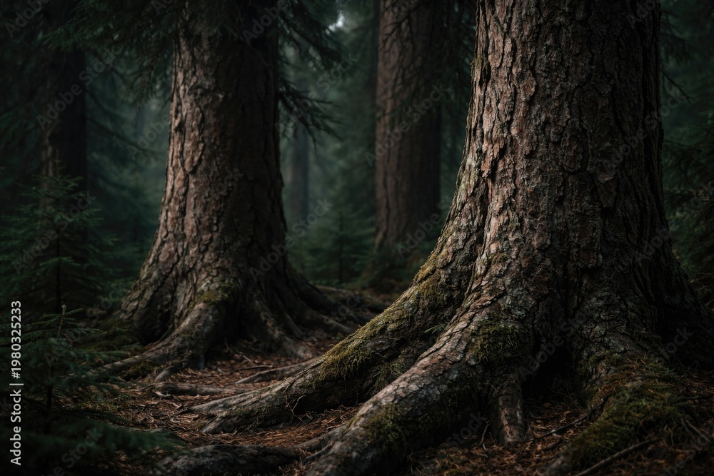 Fototapeta premium close up view of ancient pine tree trunks in a dark evergreen forest