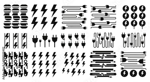 Collection of Electrical Power Symbols and Plugs in Black and White