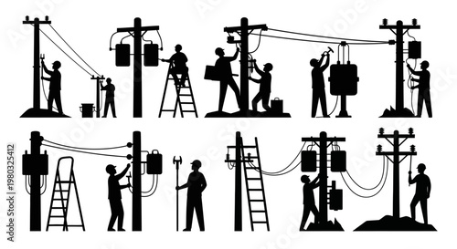 Vector silhouettes of dedicated utility workers actively engaged in electrical installation and repair tasks on power poles, representing vital infrastructure development