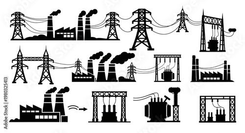 Vector silhouette set illustrating industrial power grid infrastructure, showcasing electricity generation plants, high-voltage transmission lines, transformers, and substations for energy supply