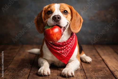 Happy Beagle dog wearing red bandana holding fresh apple on rustic wooden floor with textured blue backdrop