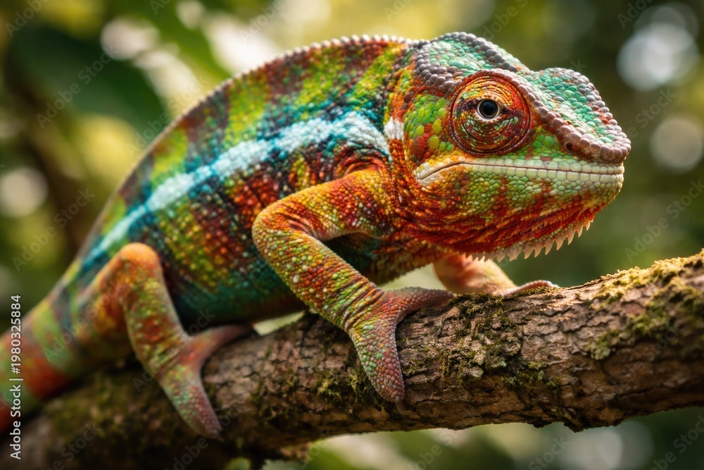 Obraz premium Closeup of a vibrant panther chameleon perched on a tree branch