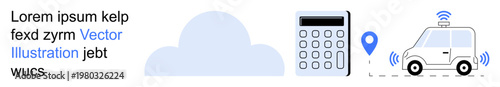 Cloud computing, GPS tracking, IoT innovation, autonomous vehicles, data storage, smart navigation. Cloud, calculator location pin and car with wireless signals. Cloud computing and GPS tracking