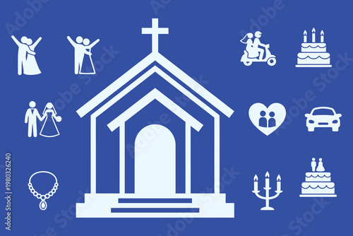 Wedding ceremony icon set, white church building with religious cross, romantic marriage celebration symbols, 11 vector elements for invitation design
