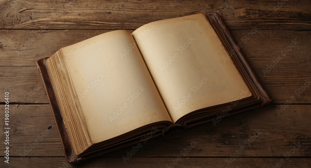 Fototapeta premium Vintage open book displayed on rustic wood table blank pages illuminated by gentle brown light perfect for literature or law concepts