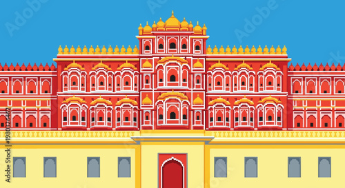 A vibrant stylized illustration depicts the hawa mahal palace in jaipur india against a bright blue sky