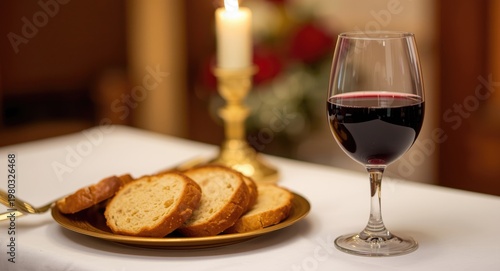Traditional Eucharist setup with consecrated bread and red wine