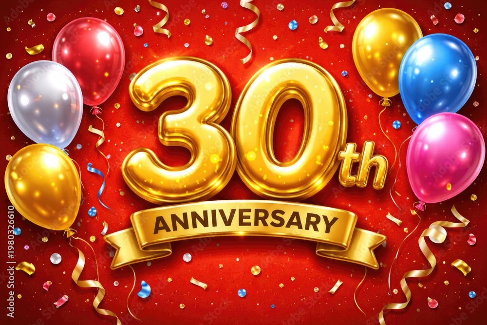 Obraz premium Cheerful 30th anniversary cartoon with shiny gold foil numbers and metallic balloons on vibrant red background