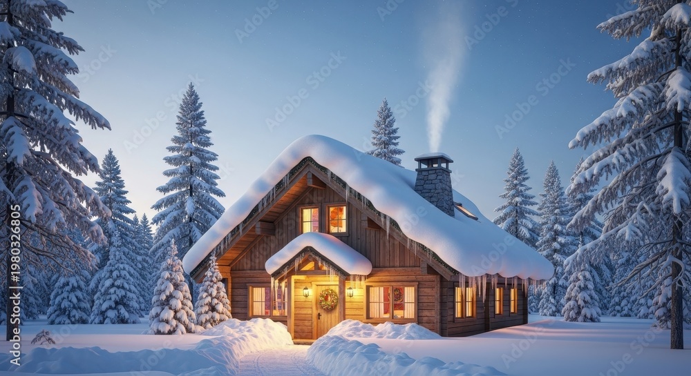 Fototapeta premium Cozy Winter Cabin in a Snowy Forest with Warm Lights.