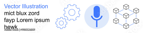 Voice recognition, teamwork, blockchain, communication, technology, innovation. A microphone, gear icons and a blockchain network design. Voice recognition and teamwork concept