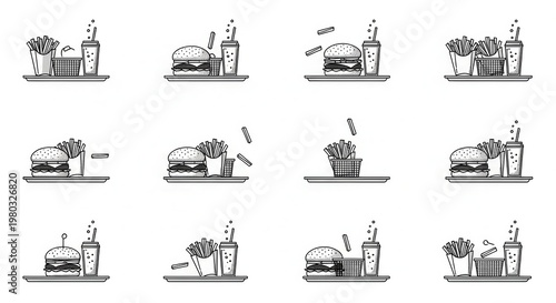 Fast Food Meal Icon Set: Burger, Fries, Drink - Hand Drawn Style