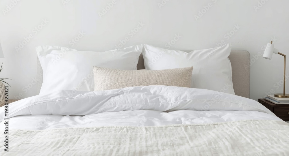 Obraz premium Serene bedroom with a white bed topped by an array of pillows and lightweight sheets