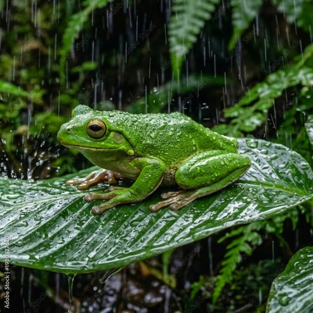 Obraz premium Frog on a leaf during the rain