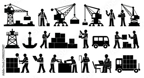 Industrial Logistics and Global Shipping Operations A Comprehensive Set of Silhouettes Depicting Freight Transport, Port Activities, and Supply Chain Management