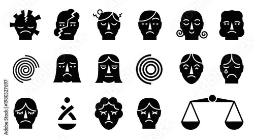Comprehensive collection of expressive silhouette icons illustrating a diverse range of emotional states, mental health challenges, psychological distress, and inner turmoil