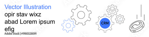 Business solutions, automation systems, data management, revenue growth, customer relationship management, technology integration. Gears, CRM text and a falling coin. Business solutions