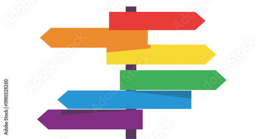 Colorful directional signposts with rainbow colors pointing in different directions, symbolizing choice and guidance