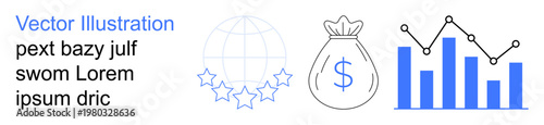 Financial planning, global economy, data trends, ratings analysis, monetary growth, business analytics. Globe with stars, money bag charts and graph icons. Financial planning and global economy