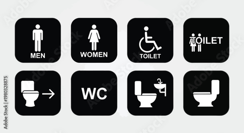A collection of black restroom signage depicting men women accessible toilets and various facilities