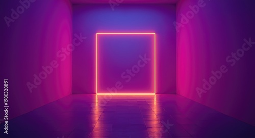 Vibrant neon virtual reality fashion backdrop with glowing portal square and laser light arch