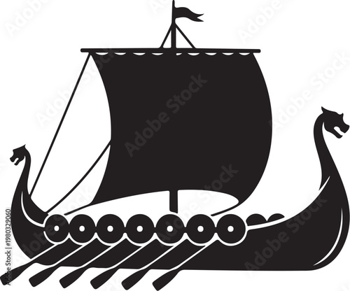 Viking ship, black silhouette, sailing vessel, ancient Nordic boat